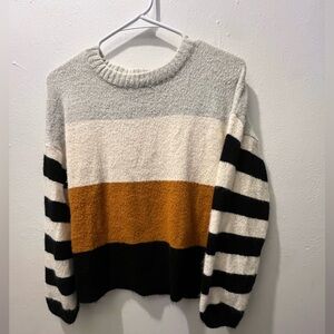 Cozy Striped Sweater in Gray, White, and Tan
